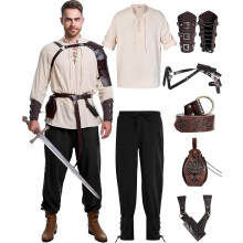 (XX-Large, Classic Color) 8 Pcs Men's Renaissance Costume Halloween Medieval Pirate Shirt Pant Viking Costume Accessories Set