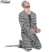 (XL) Black And White Stripes Prisoner Costume Adult Prisoners Role Playing Violent Prisoner Men Halloween Party