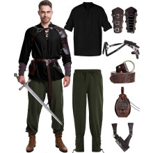 (Large, Elegant Color) 8 Pcs Men's Renaissance Costume Halloween Medieval Pirate Shirt Pant Viking Costume Accessories Set