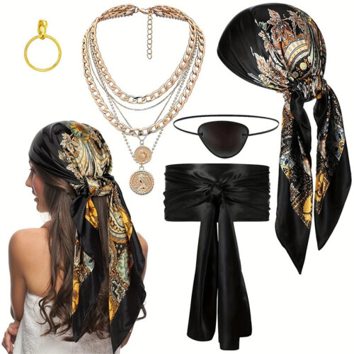 Set di 5 Accessori per Costume da Pirata da Donna e da Uomo per Halloween e Cosplay, Colore Nero.