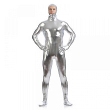 (Adult S, silvery) High Quality, Men's Full Face Exposed Gel Coat, Full Body Zentai Stage Performance Suit, Gold Jumpsuit, Halloween