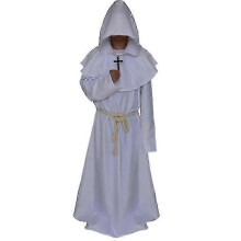 (XL, White) Medieval Monk Hooded Robe Cloak Cape For Men, Renaissance Priest Costume For Halloween Cosplay Party -CAA