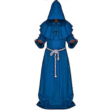 (S, Blue) Medieval Monk Hooded Robe Cloak Cape For Men, Renaissance Priest Costume For Halloween Cosplay Party -CAA