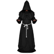 (L, Black) Medieval Monk Hooded Robe Cloak Cape For Men, Renaissance Priest Costume For Halloween Cosplay Party -CAA