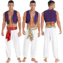(XXXL, White B) Mens Halloween Costume Mythical Prince Aladin Carnival Carnival Cosplay Party Outfit Sequin Trim Waistcoat With Belted Pants