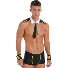 (XL) Men's Sexy Sailor Costume 4 Piece Necktie Collar Boxer Shorts Underwear Captain Uniform Lingerie Set for Halloween Party