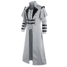 (S, Gray) Vintage Halloween Medieval Steampunk Assassin Elves Pirate Costume Adult Men Black Long Split Jacket Gothic Armor Leather Coats