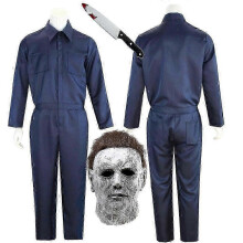 (XXL, 3pcs as show) Adult Michael Myers Cosplay Costume Mask Props Halloween Jumpsuit Outfits Horror Bloody Killer Carnival Party Costume For Men