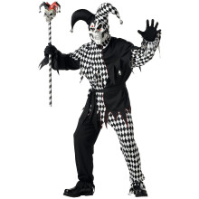 (Large (42-44), Black) Evil Jester Mardi Gras Joker Horror Clown Black White Halloween Men Costume