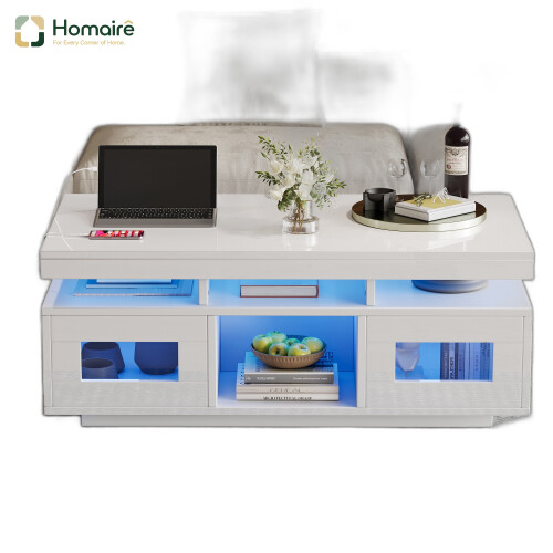 HOMAIRE White LED Coffee Table with USB Ports