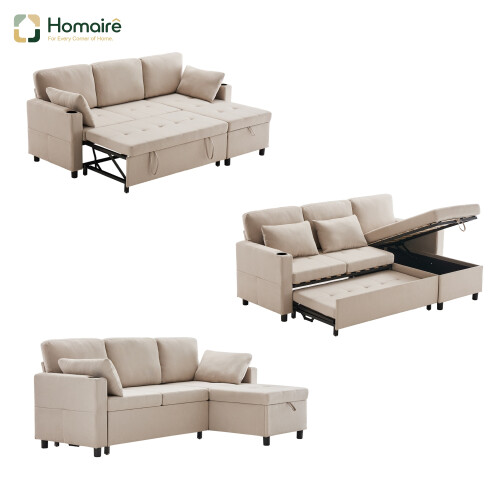 HOMAIRE Beige L-Shaped 3 Seater Sofa Bed
