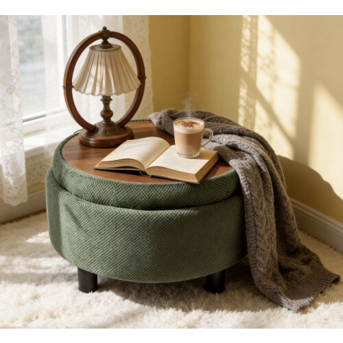 HOMAIRE Round Storage Ottoman Dark Green 2