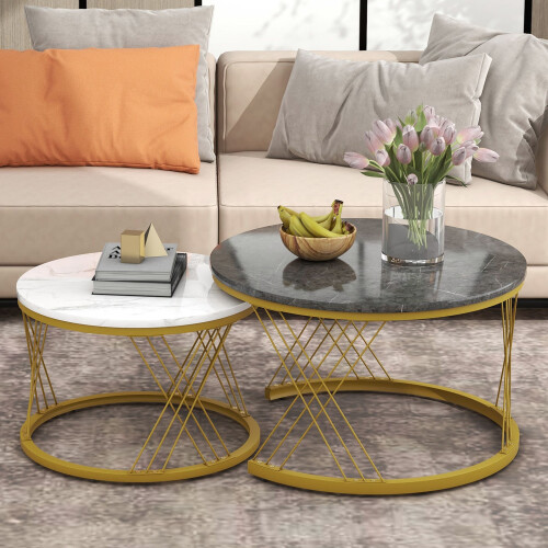 HOMAIRE Round Coffee Table Set, White+Black 2