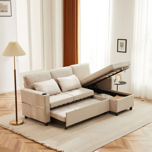 HOMAIRE Beige L-Shaped 3 Seater Sofa Bed 1
