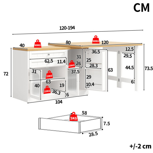 HOMAIRE Extendable Kitchen Island Table White 1