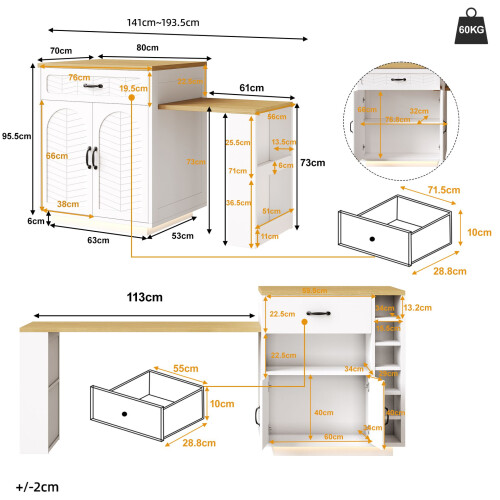 HOMAIRE Extendable White Kitchen Island Table 1