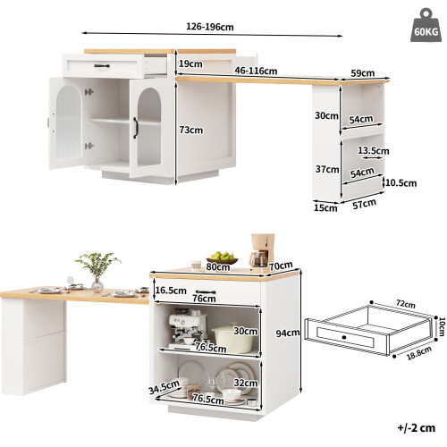 HOMAIRE Extendable Kitchen Island White LED 1