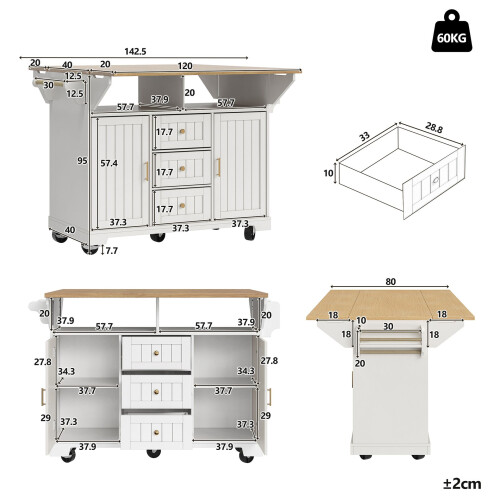 HOMAIRE Extendable White Kitchen Island Trolley 1