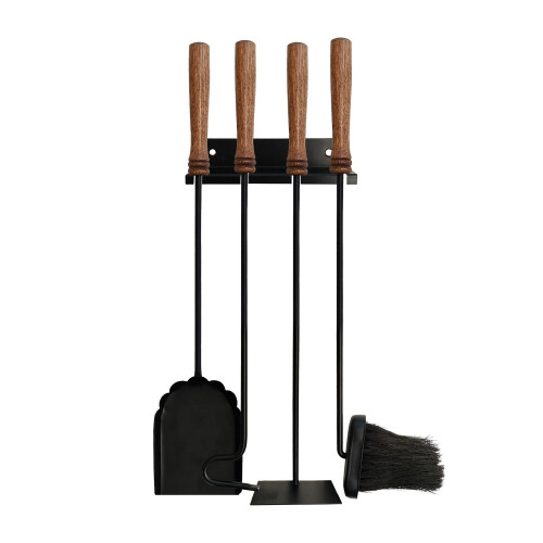 Wall-Mounted Fireplace Tool Set, Steel & Wood, 5-Piece 1