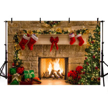 8x6ft Merry Christmas Eve Photo Studio Backdrop Christmas Trees Xmas Fireplace Gifts Red Bow Stocking Backgrounds for Photography