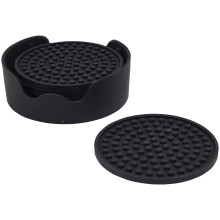 Black Non Slip Heat Proof Coasters Mat Round 12x12 cm for Coffee, Tea, Beer, Mug, Cup, Glasses on Tables, Counters, Cabinets. Set of 4 in a Holder