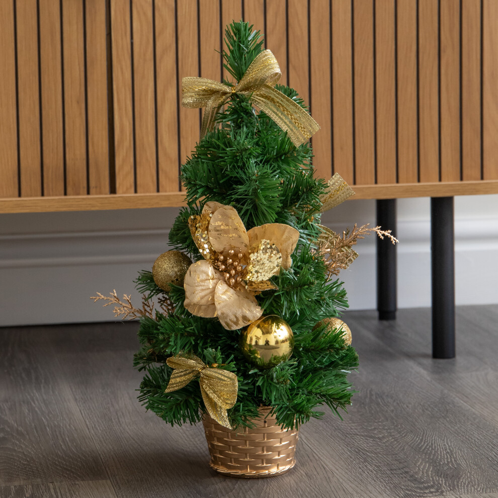 Samuel Alexander 40Cm Golden Fir Mini Christmas Tree With Gold Baubles, Ribbons And Poinsettias - Green / Gold - Image 2
