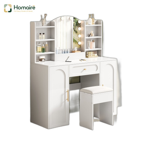 HOMAIRE White Vanity Table with LED Mirror & Stool