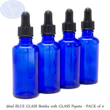50ml Blue Glass Bottles with Glass Pipettes - Pack of 4