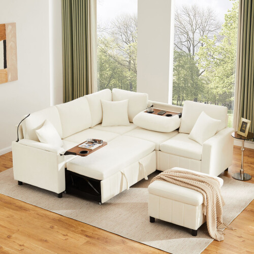 HOMAIRE Beige Chenille Corner Sofa with Sleep 2
