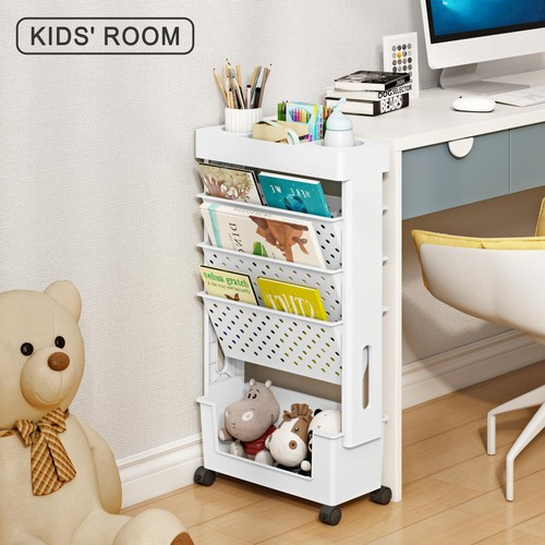 5 Tier Mobile Bookshelf Cart Movable Book Storage Rack Rolling Bookcase White