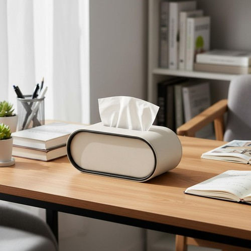 PU Leather Tissue Box Beige Oval Rectangular Bedroom Desktop Napkin Storage Box 1