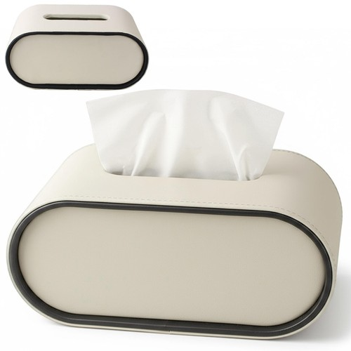 PU Leather Tissue Box Beige Oval Rectangular Bedroom Desktop Napkin Storage Box 2