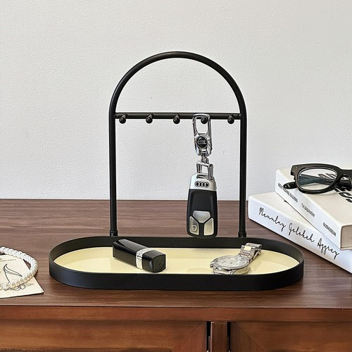 Modern Metal Key Holder & Organizer - Oval Entryway Tray with Multiple Hooks UK 1