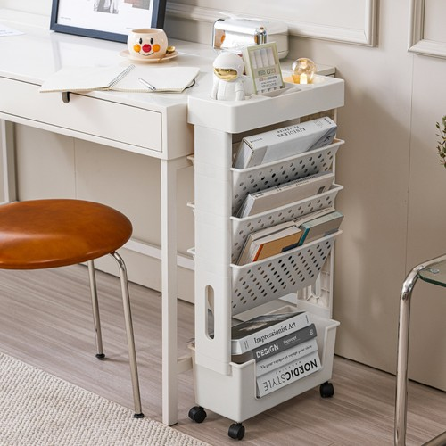 5 Tier Mobile Bookshelf Cart Movable Book Storage Rack Rolling Bookcase White 1