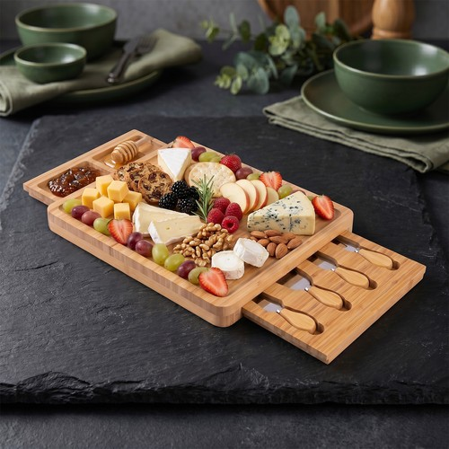 Multi-purpose Bamboo Serving Tray with Slide-out Drawer, Cheese Board