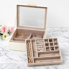 2-Layer PU Leather Jewelry Organizer, Glass Lid & Tray, Vintage White