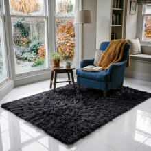 (140 x 200 cm (Medium All Rounder), Black) Shaggy Rug Soft Faux Fur Fluffy Non Slip Rugs 450GSM Bath Door Mats