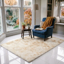 (140 x 200 cm (Medium All Rounder), Tye Dye Cream) Shaggy Rug Soft Faux Fur Fluffy Non Slip Rugs 450GSM Bath Door Mats