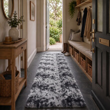 (80 x 300 cm (Large Runner), Tye Dye Grey) Shaggy Rug Soft Faux Fur Fluffy Non Slip Rugs 450GSM Bath Door Mats