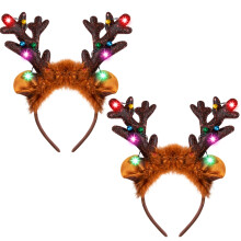 2 Pcs Light-Up Reindeer Headbands with LED, Christmas Headbands for Christmas Supplies and Holiday Parties Favors (ONE SIZE FITS ALL)