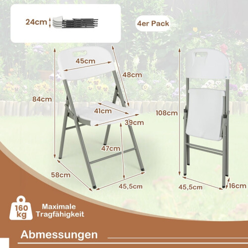 Set van 4 opklapbare stoelen, metalen frame, wit, draagbaar