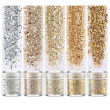 Glitter, 5 Boxes/Set Holographic Chunky Glitter Nail Glitter Sequins Flakes Nails Powder for Body Face Hair Eyes Cosmetic Resin DIY Crafts Festival