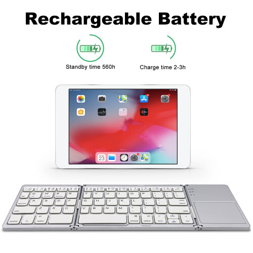 Foldable Bluetooth Keyboard with Touchpad, Wireless Mini Keyboard for PC, Tablet, Android, Smartphone - Silver 1