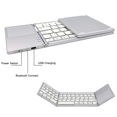 Foldable Bluetooth Keyboard with Touchpad, Wireless Mini Keyboard for PC, Tablet, Android, Smartphone - Silver 2