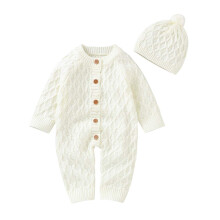 Baby Boys Girls Romper Suit Lovely Solid Color Knit Jumpsuit Cute Casual Long Sleeve Winter Warm Outfit Clothes with Hat for Newborn Baby 0-3 Months