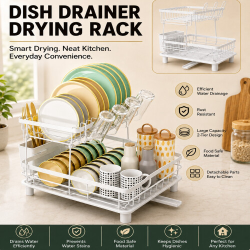 2 Tier Dish Drainer Rack with Drip Tray Kitchen UK