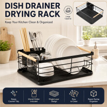 Black Steel Dish Drainer Rack with Drip Tray Cutlery Holder Plate Rack Kitchen Sink