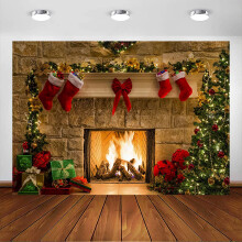 8x6ft Christmas Fireplace Backdrop Xmas Socks Tree Gift Decorations Party Supplies Christmas Eve Fireplace Photography Background