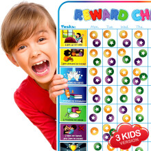 Large Magnetic Reward Chart for Multiple Kids (1-3 Kids) - 127 Pre-Written Stickers (Including Potty Training) + 30 Custom Chores - Behavior,