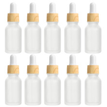 10Pcs, 10ml Frosted Clear Glass Bottles with Dropper Pipettes, Mini Empty Dropper Bottle Wood Grain Plastic Cap Refillable Sample Container for